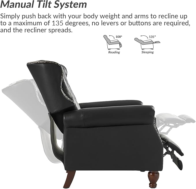 HULALA HOME Genuine Leather Recliner Chair Set of 2 w/Solid Wood Feet, Modern Adjustable Tufted Push Back Arm Chair w/Rivet Decoration, Home Theater Seating Reclining Sofa for Living Room, Black