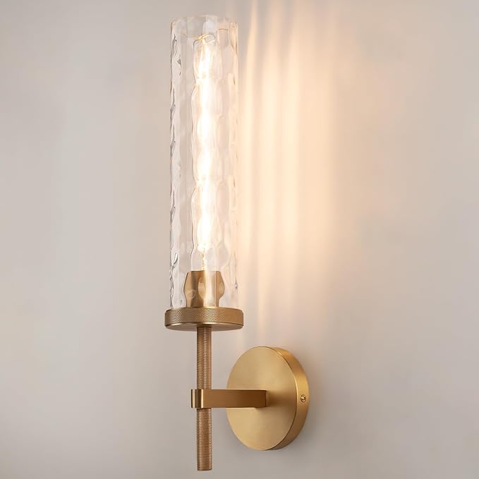 19.5" Knurled Brass Wall Sconce with Water Ripples Glass Tube, Gold Bathroom Vanity Light Fixtures, Modern Lamp Lighting for Bedroom, Living Room, Hallway, Staircase, Mirror, Kitchen