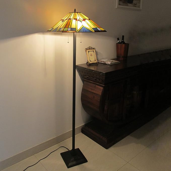 Tiffany Style Floor Lamp Vintage Stained Glass Shade 65” Tall Mission Floor Standing Reading Corner Light Fixture for Bedroom, Living Room, Office, Multi-Colored