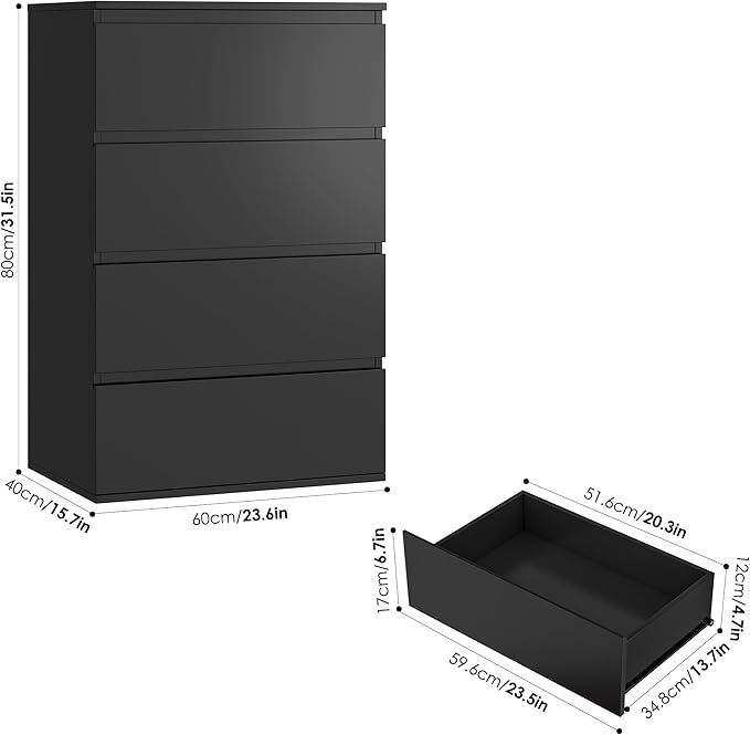 FOTOSOK Black Dresser, 4 Drawer Dresser Modern Storage Chest of Drawers 23.6L x 15.7W x 31.5H in, Black Dressers Storage Cabinet with 4 Drawers for Home Office