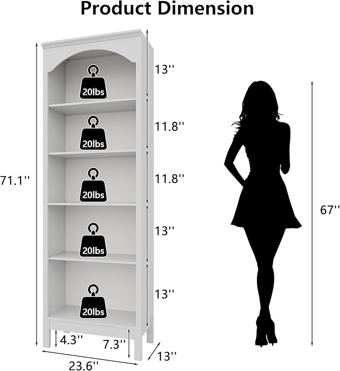 71" H Tall Bookshelf and Bookcase, Farmhouse Book Shelf with 5-Tier Open Shelves, Wooden Bookcase Freestanding Display Bookshelves for Bedroom, Living Room, White