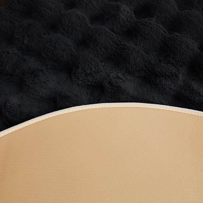 chovy Black Round Faux Fur Area Rug, 4'X4', Modern Style, Machine Made, Grid Pattern, 2 Inch Pile Height, Indoor Use Only