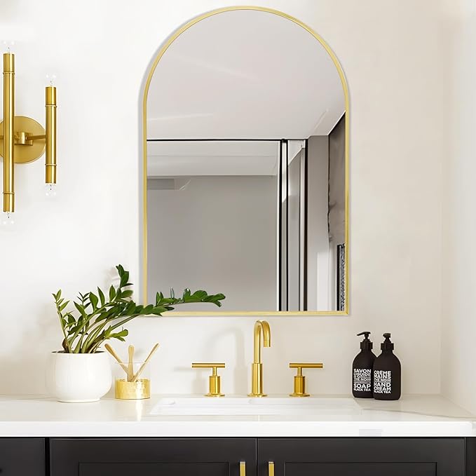28" x 36" Gold Arched mirror, Large Arch Bathroom Vanity Wall Mirror, Modern Aluminum Alloy Metal Frame Arch Mirror for Bathroom, Living Room, Bedroom, Entryway, Tempered Glass, Shatter Proof