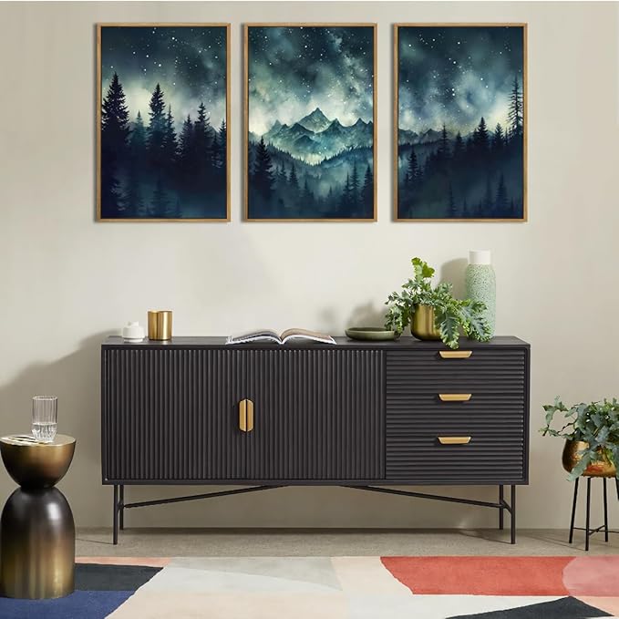 Large Misty Forest Mountain Wall Art Framed Dark Starry Sky Wall Decor Modern Wilderness Art Print for Living Room Bedroom Office 16x24 Inch Set of 3