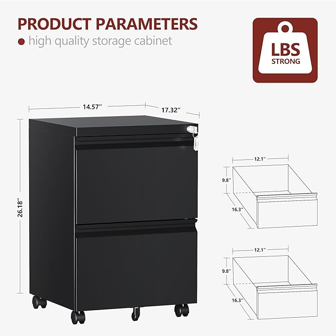 2 Drawer File Cabinet，Mobile Filing Cabinet with Lock and Wheels，Un-Assembled Metal Under Desk File Cabinets for A4/Letter/Legal Size（Black