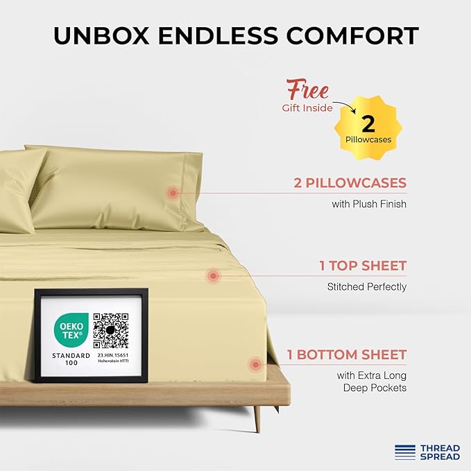 THREAD SPREAD 100% Egyptian Cotton Sheets Queen Size - 1200 Thread Count 4 PC Queen Sheet Set Egyptian Cotton, Sateen Weave Luxury Sheets Queen Size, High Thread Count Sheets, 17" Deep Pocket - Beige