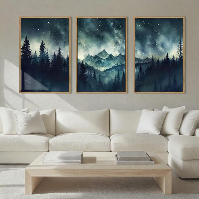 Large Misty Forest Mountain Wall Art Framed Dark Starry Sky Wall Decor Modern Wilderness Art Print for Living Room Bedroom Office 16x24 Inch Set of 3
