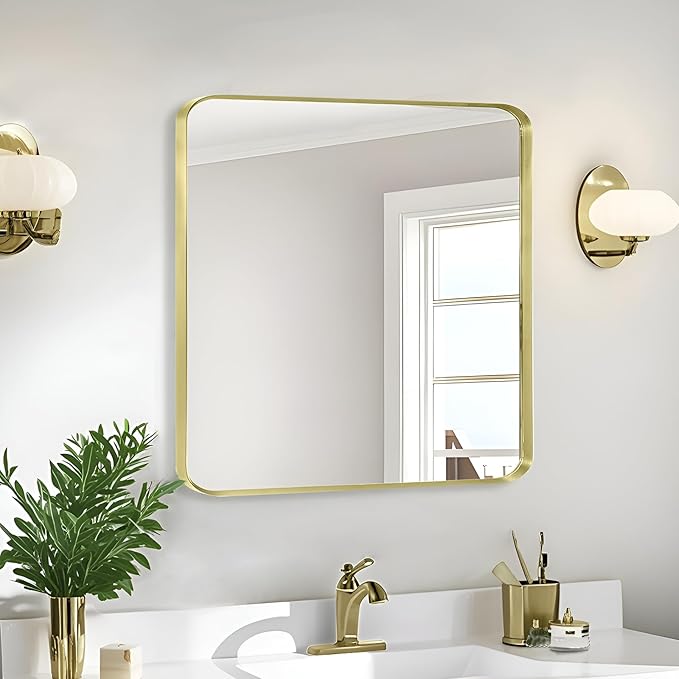 Wall Mount Mirror for Bathroom, Brushed Gold Metal Framed Rounded Corner Square Rectangular Vanity Mirror (30" x 30", Gold)