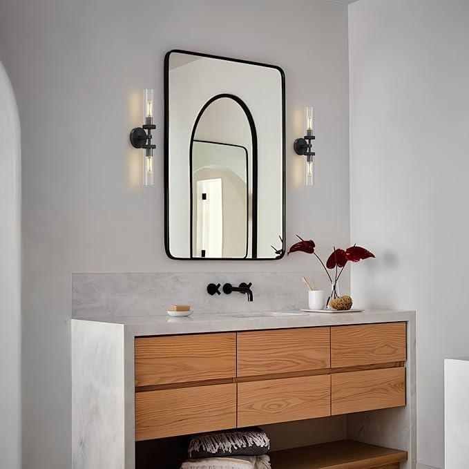 2-Light Black Knurled Wall Sconces, Glass Sconces Wall Lighting Indoor, Bathroom Vanity Light Sconces, Wall Lights for Living Room Bedroom Hallway Kitchen Bathroom Mirror, Including Bulb