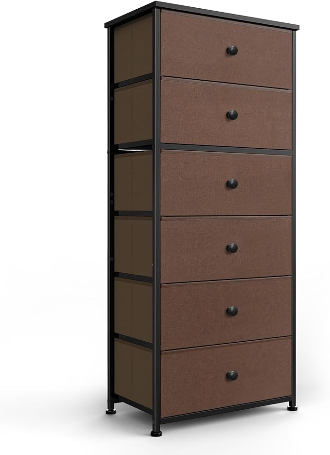 Tall Fabric Dresser for Bedroom, Vertical Storage Organizer Tower with 6 Drawers, Chest of Drawers with Bins, Steel Frame, Wood Top for Bedroom, Closet, Entryway Brown