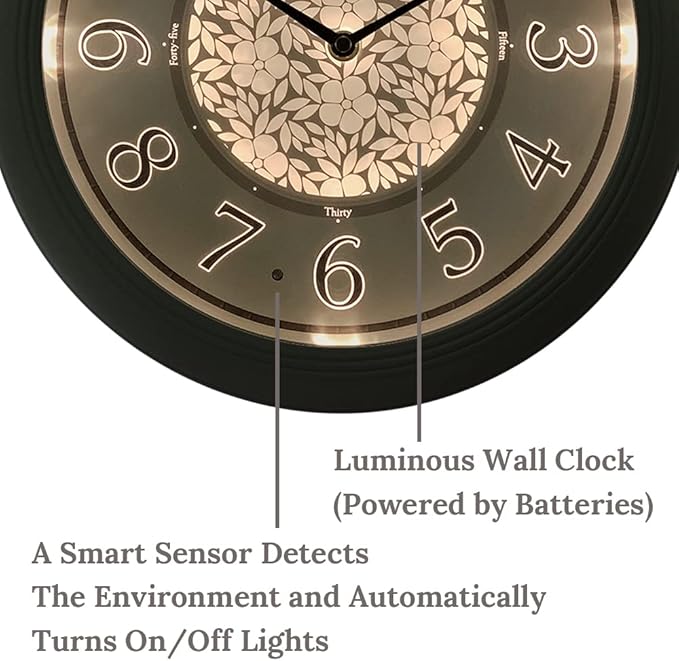 Presentime & Co. 12.6" Illuminated Farmhouse Wall Clock, Silent Battery Operated Night Light Wall Clock with Smart LED Sensor for Living Room, Bathroom, Kitchen, Home Office, Sage Green