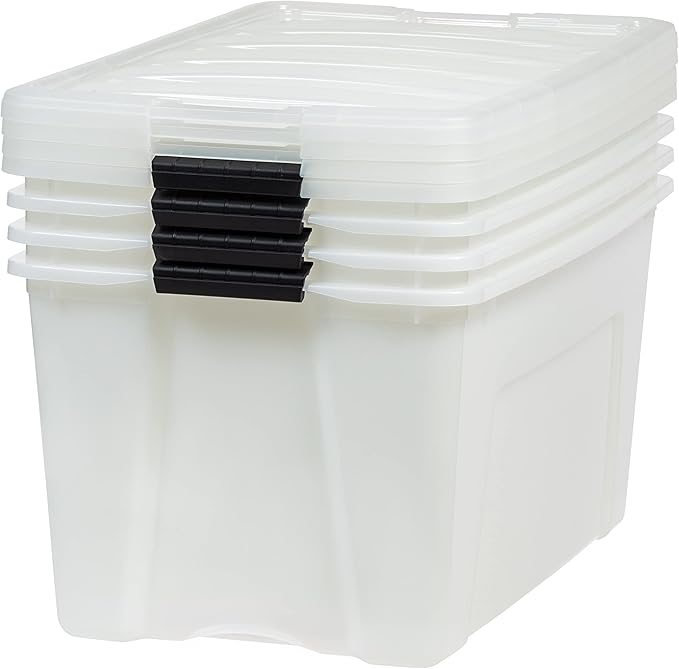 IRIS USA 72 Qt Stackable Plastic Storage Bins with Lids, 4 Pack - BPA-Free, Made in USA - Discreet Organizing Solution, Latches, Durable Nestable Containers, Secure Pull Handle - Pearl