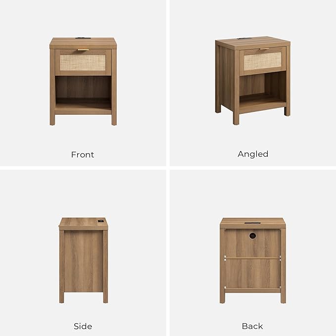 SICOTAS Rattan Nightstands Set of 2 - Farmhouse Night Stand with Drawer and Storage Shelf - Boho Bedside Table End Side Table for Bedroom, Oak