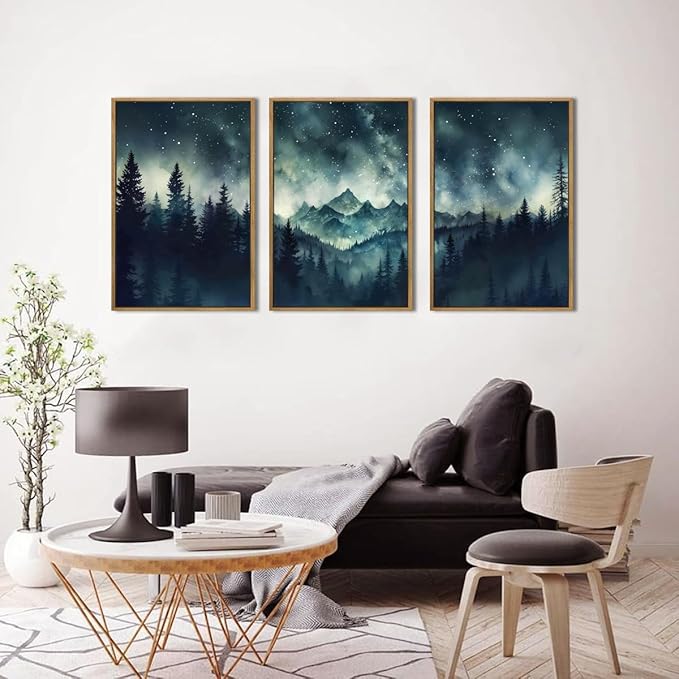 Large Misty Forest Mountain Wall Art Framed Dark Starry Sky Wall Decor Modern Wilderness Art Print for Living Room Bedroom Office 16x24 Inch Set of 3
