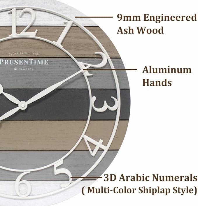 Presentime & Co Modern Farmhouse Shiplap Clock, 19.5 inch, White Arabic Numerals with Multicolor Woodgrain Shiplap Style. Large Farmhouse Decor for Living Room, Entryway, Home Office. Wall Décor