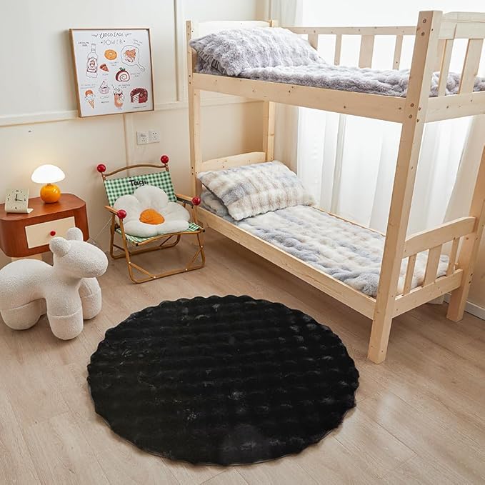 chovy Black Round Faux Fur Area Rug, 4'X4', Modern Style, Machine Made, Grid Pattern, 2 Inch Pile Height, Indoor Use Only