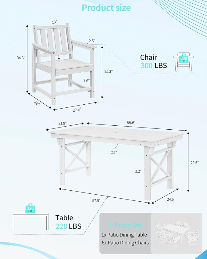 QUASCO Outdoor HDPE Dining Table Set, 7-Piece Patio Dining Furniture Sets with Umbrella Hole Table and 6 Chairs for Backyard, Poolside, Garden and Lawn, White