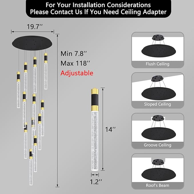 118inch 12-Lights Modern Chandeliers for Living Room LED Dimmbale Light Fixture Entryway High Ceiling Light Pendants Lighting for Dining Room Hallway Staircase with Remote Dimming Chandelier