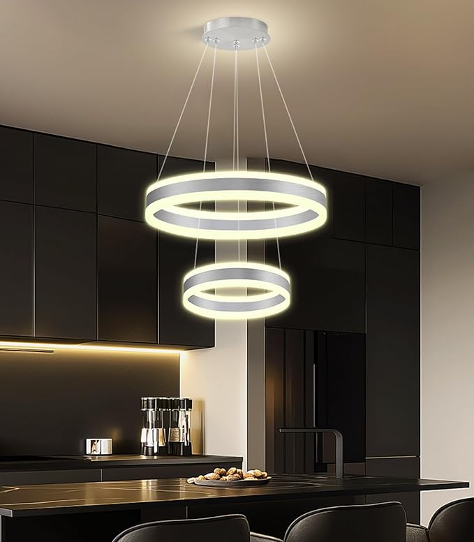 D7.8''+15.7'' Modern Ring Chandelier for Dining Room LED Dimmable Pendant Lighting for Living Room Foyer Bedroom Entryway 3000K-6000K Silver