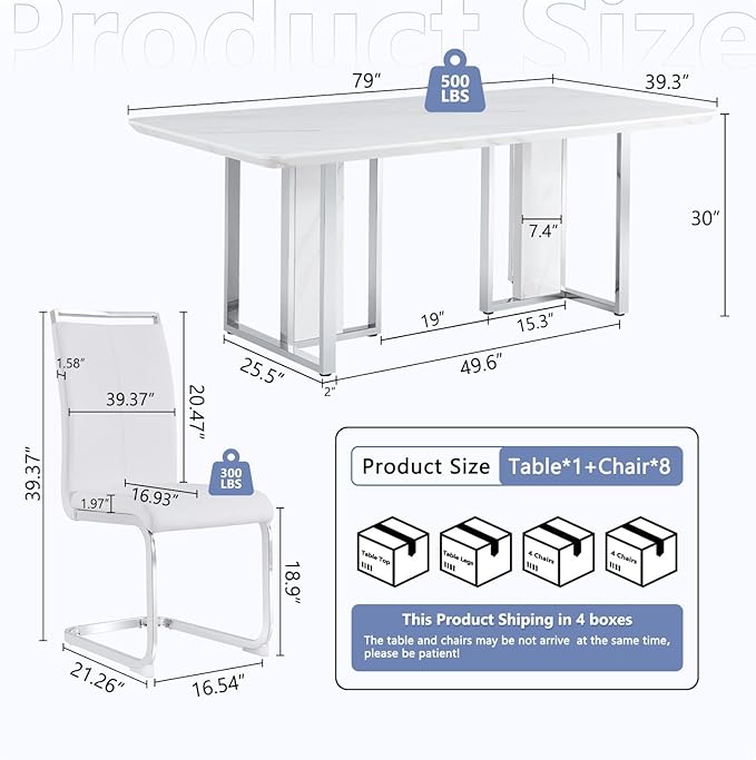 JUFU Dining Room Table Set for 8, Dining Set for 8 with 79'' Faux Marble Tabletop and Sturdy T-Shape Leg, White Rectangle Dining Room Set for 8 PU Chairs, Perfect for Dining Room and Kitchen
