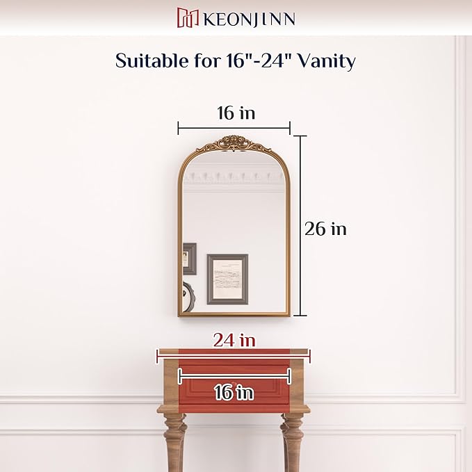 Keonjinn Black Vintage Arched Mirror for Wall, 16" x 24" Antique Mirrors with Metal Frame, Baroque Style Decoration for Mantle, Bathroom, Living Room, Fireplace, Bedroom, French Cleat Mounting