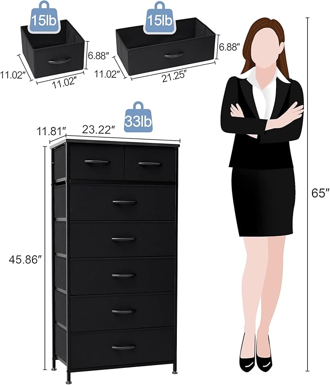 Crestlive Products Vertical Dresser Storage Tower - Sturdy Steel Frame, Wood Top, Easy Pull Fabric Bins, Handles - Organizer Unit for Bedroom, Hallway, Entryway, Closets - 7 Drawers (Black)
