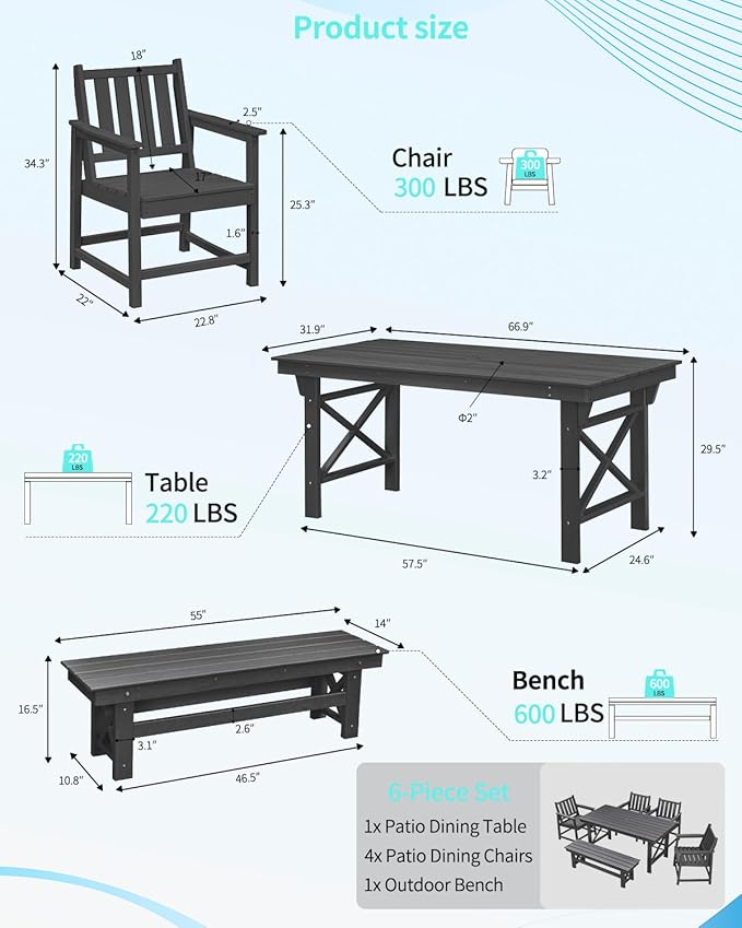 QUASCO Outdoor Dining Set for 6, HDPE Patio Dining Furniture Set with Umbrella Hole Table and 4 Chairs and 1 Bench, All Weather Outdoor Outdoor Dining Bench Sets for Garden, Lawn, Black