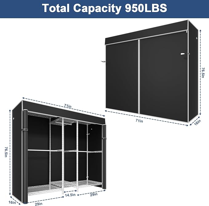 Ulif E12C Heavy Duty Closet Organizer System，Freestanding Clothing Racks for Hanging Clothes，Adjustable Garment Rack 71" W x 16" D x 76.5" H Hold 960 lbs，White Clothing Rack with Black Dustproof Cover