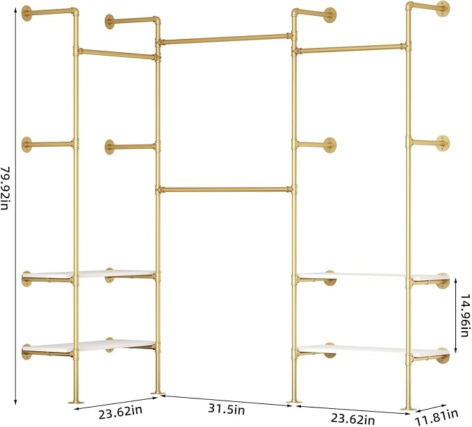 Industrial Pipe Clothing Rack, Wall Mounted Clothes Rack for Hanging Clothes, Retail Display Rack with Shelves, Add Corner installation Method (Gold, III-2Tier)