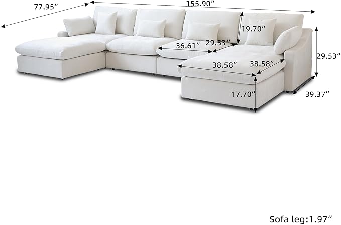 Cloud Couch Modular Sectional Sofa, 156" U Shaped Couch, Oversized Down Filled Convertible Wide Seater with 2 Ottomans for Living Room Set, Covers Washable&Replaceable,White