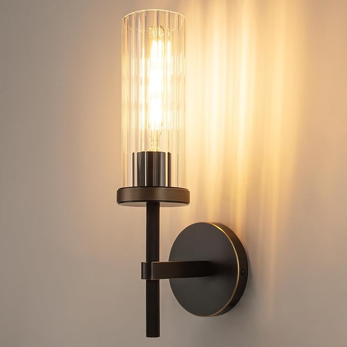 15" Knurled Brass Wall Sconce with Vertical Striped Glass Tube, Black Gold Bathroom Vanity Light Fixtures, Modern Lamp Lighting for Bedroom, Living Room, Hallway, Staircase, Mirror, Kitchen