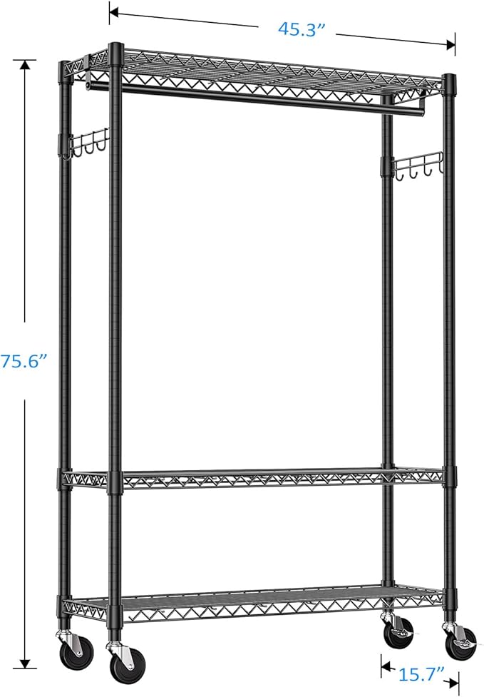 IZEUK 3 Tier Heavy Duty Rolling Garment Rack Wire Clothes Rack for Hanging Clothes, Metal Freestanding Closet Wardrobe Rack with 1 Rods and Wheels Black 15.7" D x 45.3" W x 75.6" H