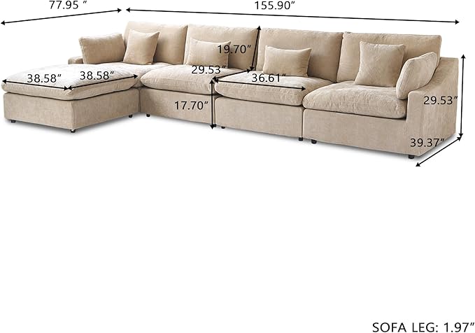 Cloud Couch Modular Sectional Sofa,156" L Shaped Couch, Oversized Down Filled Convertible Wide Seater,4 Seater with Ottoman for Living Room Set, Covers Washable&Replaceable,Khaki
