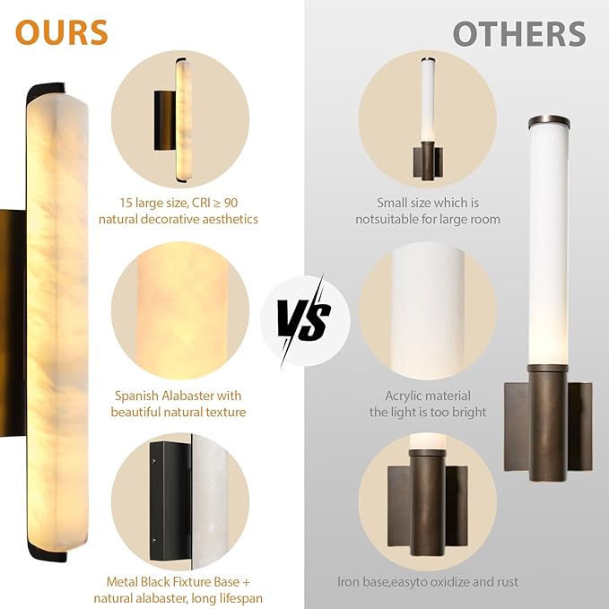 Alabaster Wall Sconces Set of Two, 15" Black Alabaster Sconce, Spanish Natural Marble Wall Sconce Lamp Indoor, Rectangle Modern Sconces Lighting for Bathroom Living Room Bedroom Stairs Hallway