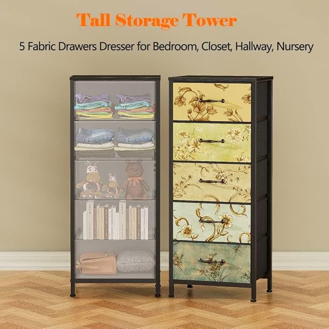 Furnulem Vertical Dresser for Bedroom, Tall Skinny Storage Tower with 5 Fabric Drawers, Chest of Drawers for Living Room, Dorm, Entryway, Vintage Furniture, Wood Top