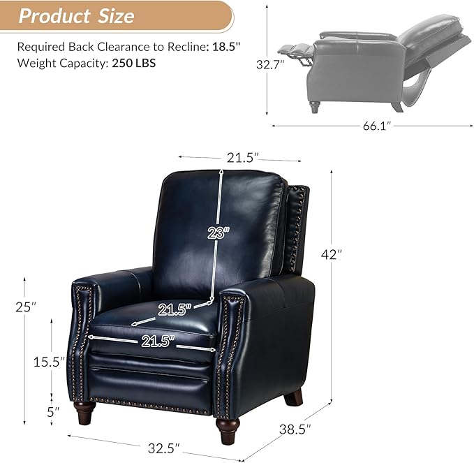 HULALA HOME Genuine Leather Recliner Chair, Classic Push Back Recliner Armchair with Thick Seat and Backrest (Navy)