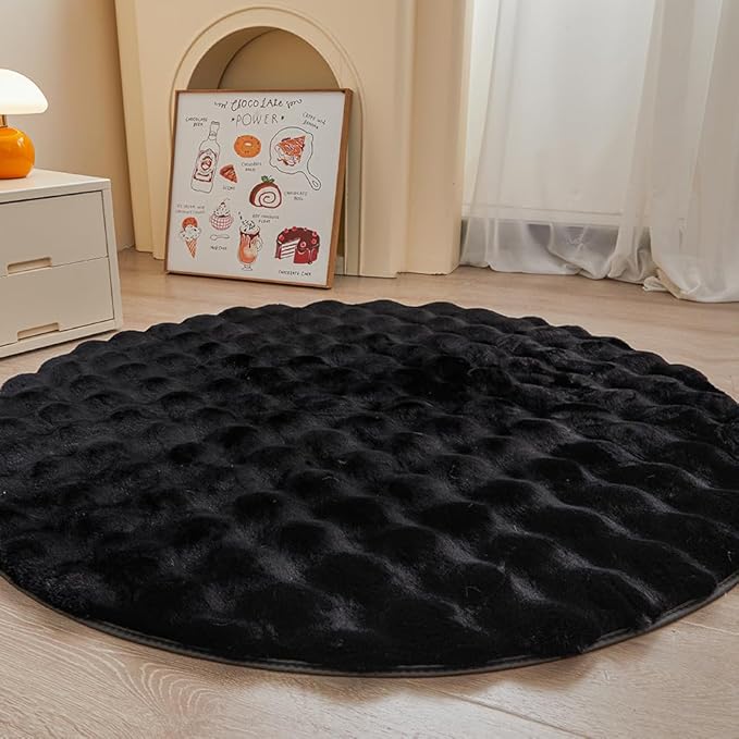 chovy Black Round Faux Fur Area Rug, 4'X4', Modern Style, Machine Made, Grid Pattern, 2 Inch Pile Height, Indoor Use Only