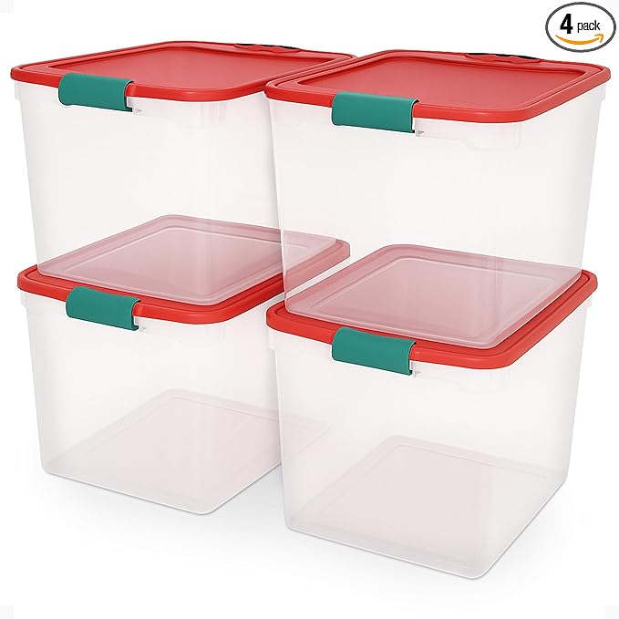 HOMZ 4-Pack Holiday Tote, Plastic Storage Organizer Bins with Lids, 31 Quart, Clear/Red - Stackable Organizing Containers for Home, Garage, and Office