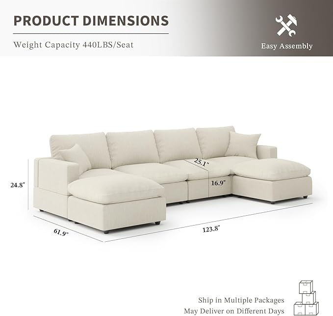 Cloud Couch Modular Sectional Sofa, 123.8" 6-Seater U Shaped Sectional Couches for Living Room, Convertible Cloud Sofa with Ottoman, Down Filled Wide & Deep Seat, Removable Washable Cushion Covers