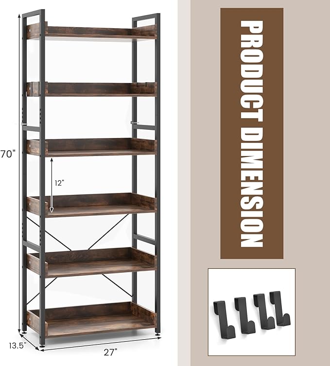 Tangkula 6-Tier Bookshelf, 70” Tall Industrial Bookcase w/Open Shelves & 4 Hooks, Storage Rack w/Metal Frame, Vintage Standing Display Rack for Study Living Room Kitchen (1, Rustic Brown)
