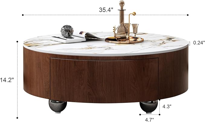 SSLine Modern Round Drum Coffee Table Luxury Sintered Stone Top Coffee Table with Storage Drawers,Walnut Wood Frame and Brushed Stainless Steel Legs,Marble Grain Center Table for Living Room