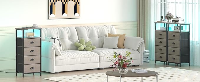 Nightstand with Charging Station,LED Grey Nightstand with 4 Fabric Drawers, Bedside End Tables, 2-Tier Open Storage Shelf Side Table Nightstand with Drawers for Bedroom,Grey