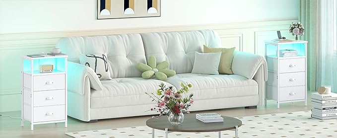 Nightstand with Charging Station,LED White Nightstand with 3 Fabric Drawers PU Finish, Bedside End Tables, 2-Tier Open Storage Shelf Side Table Nightstand with Drawers for Bedroom,White