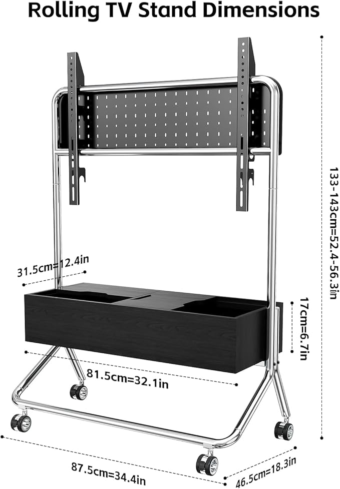 Solid Wood Mobile TV Cart Rolling TV Stand with Wheels for 42-75 Inch LCD LED Flat Curved Screens up to 180 Lbs, Heavy Duty Portable Floor Stainless Steel Mobile TV Stand (Black, 42-75inch)