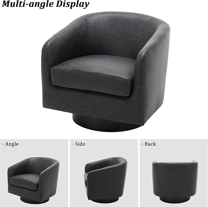 Swivel Barrel Chair, Modern Round PU Leather Accent Armchair for Living Room, Bedroom, Oversized Comfy Club Reading Chairs for Adults (Leather Black Grey, Set of 1)