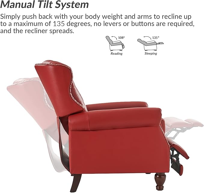 HULALA HOME Genuine Leather Recliner Chair with Solid Wood Legs, Modern Adjustable Tufted Push Back Arm Chair w/Rivet Decoration, Home Theater Seating Single Reclining Sofa for Living Room, Red