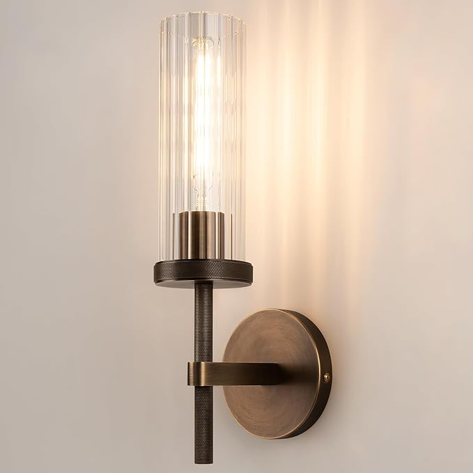 15" Knurled Brass Wall Sconce with Vertical Striped Glass Tube, Bronze Bathroom Vanity Light Fixtures, Modern Lamp Lighting for Bedroom, Living Room, Hallway, Staircase, Mirror, Kitchen