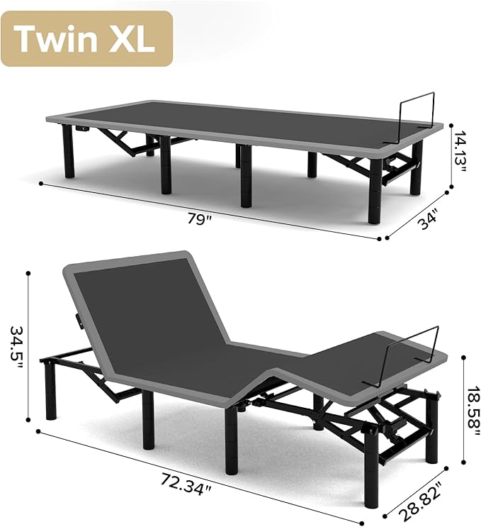 KEIKI Twin XL Adjustable Bed Frame with Remote Control, Massage Function, USB Charging Ports & LED Night Light – 4 Height-Adjustable Legs – Compatible with Adjustable Base – Black