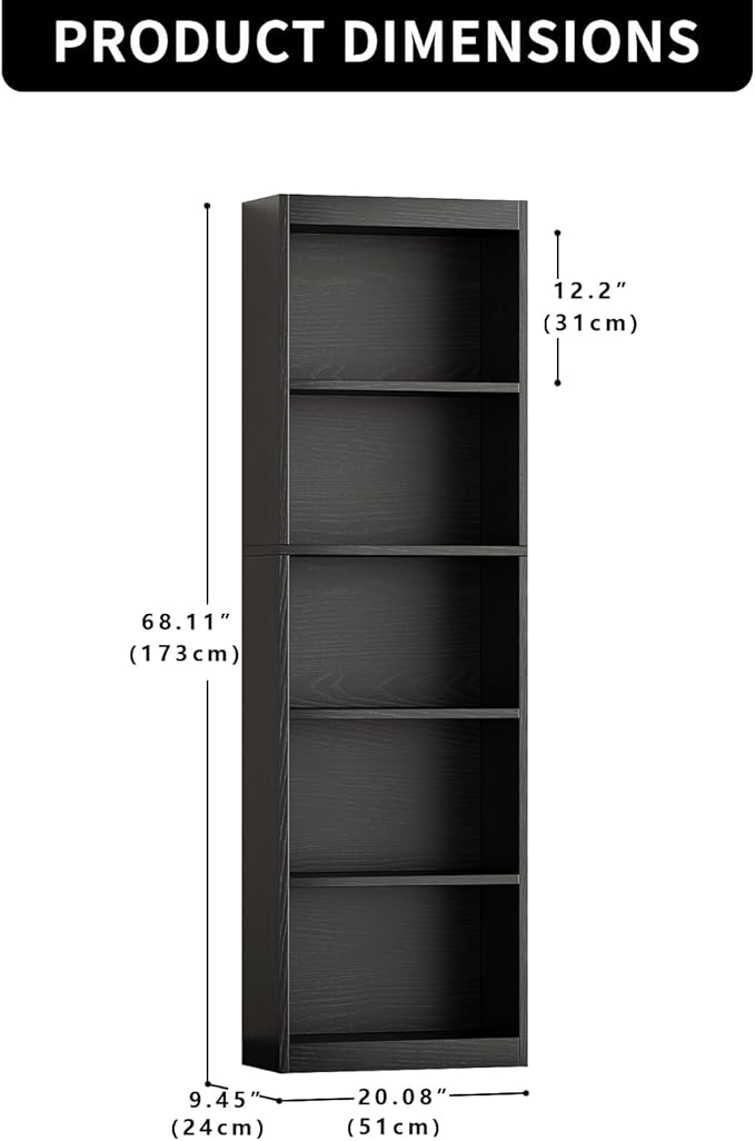 5-Tier Bookcase Set of 2, Open Storage Shelf, Narrow Tall Book Shelf, Freestanding Display Storage Shelves Suitable for Home Office, Living Room and Bedroom, Black