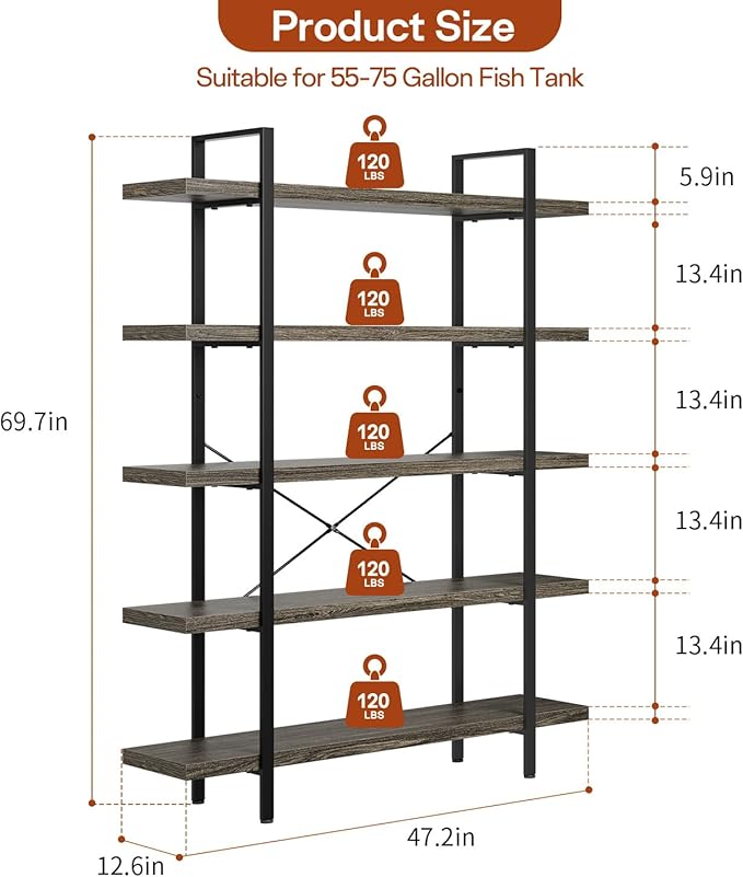 5-Tier Industrial Bookcase, 47 Inch Wide Wood Bookshelf, 120lbs Shelf Capacity, Rustic Open Shelving Heavy Duty Display with Reinforced Horizontal Grey Shelves for Living Room Bedroom Office